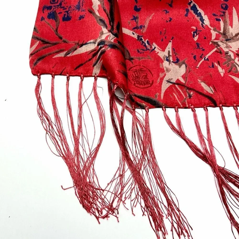 Men's Red Doubled Silk Scarf Hieroglyphs and Floral Bamboo Design Fringed